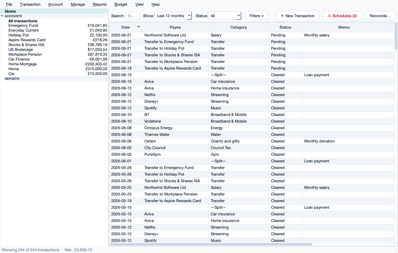 Multi-account transaction register.