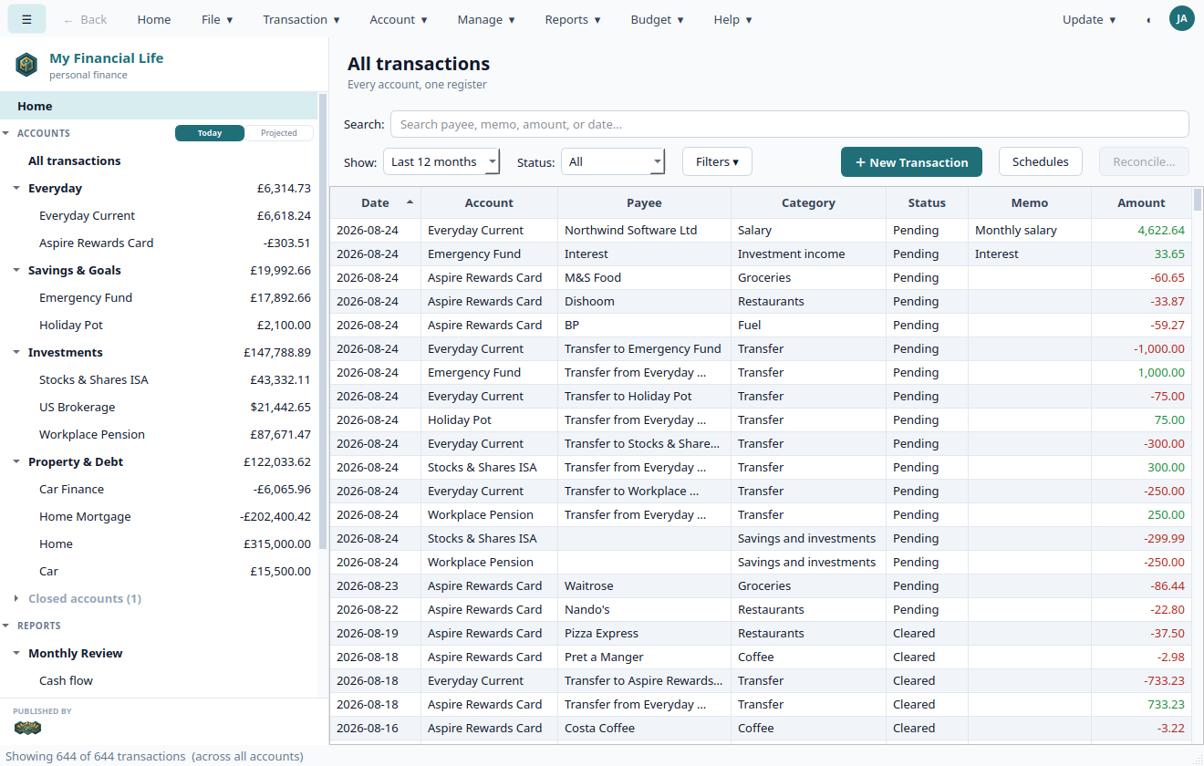 A combined register showing transactions across all accounts with an account column.
