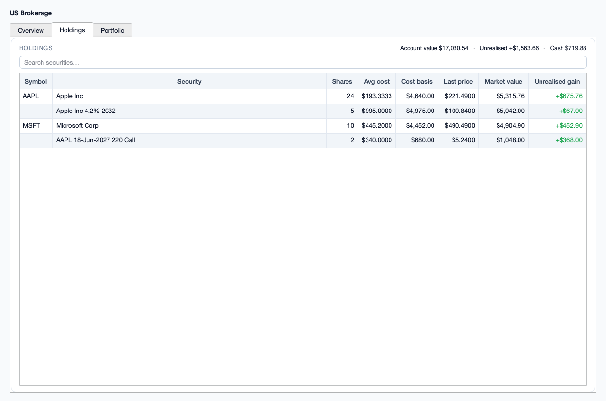 Investment holdings with cost basis and gains.