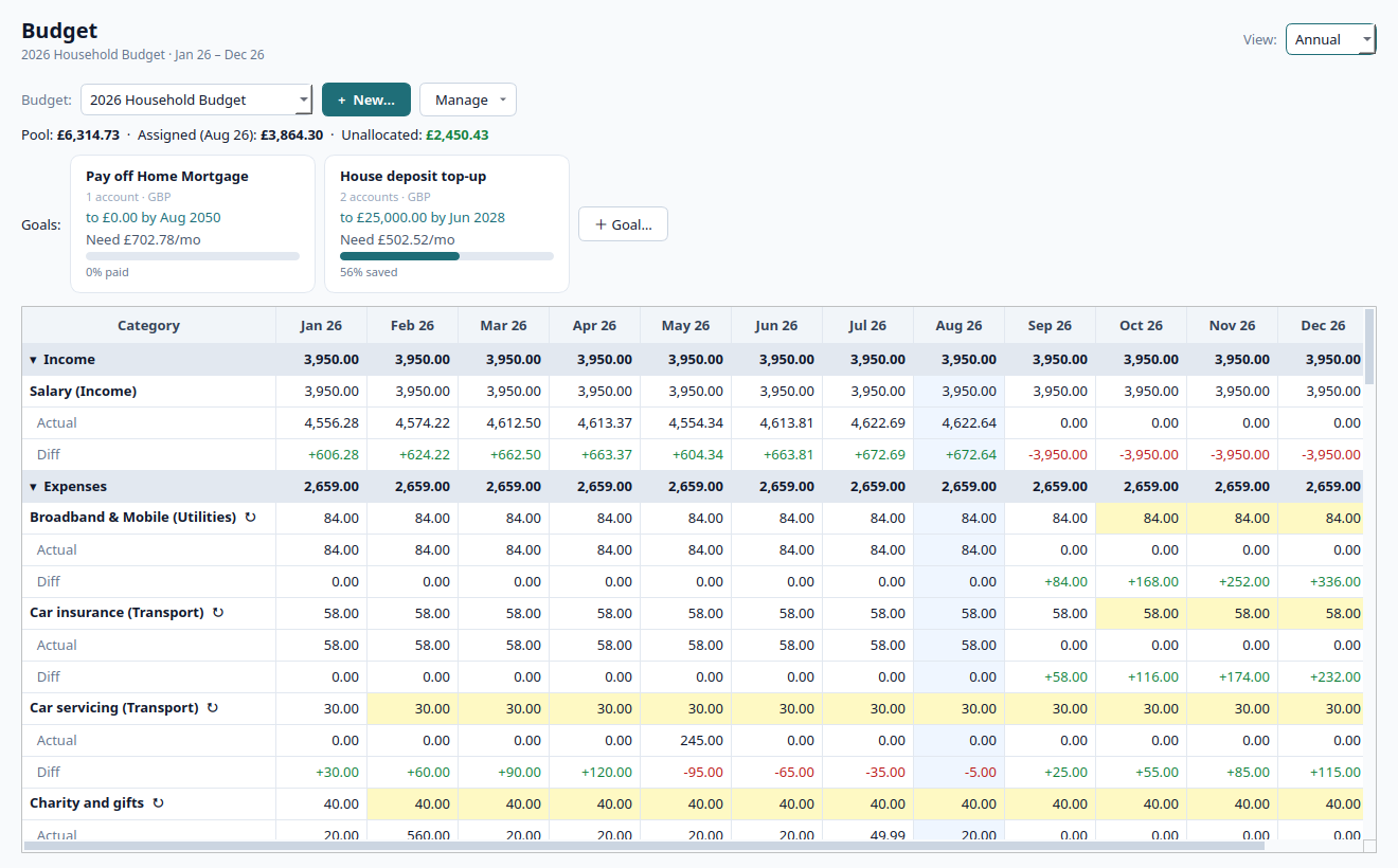 An annual budget matrix with twelve monthly columns per category.