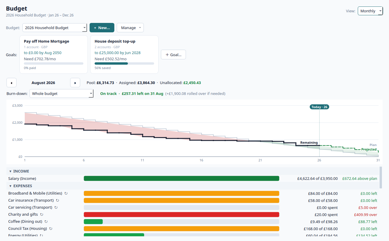 A monthly budget view with a burn-down chart against plan and per-category progress bars.