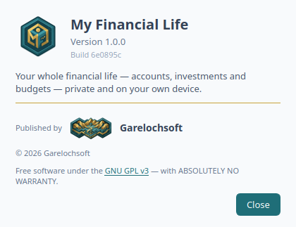 The About dialog showing version 1.0.0, publisher Garelochsoft, and the GPL v3 licence.