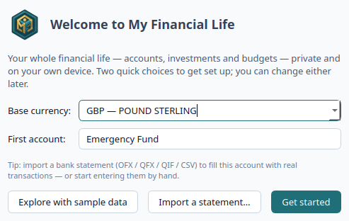 The welcome dialog asking for a base currency and a first account name.
