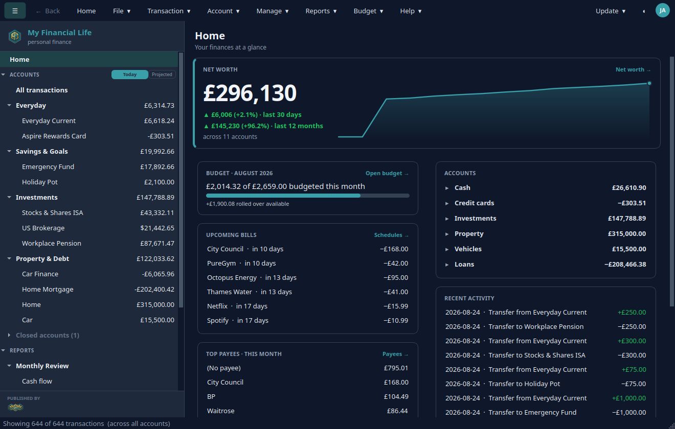 The My Financial Life home dashboard in dark theme.